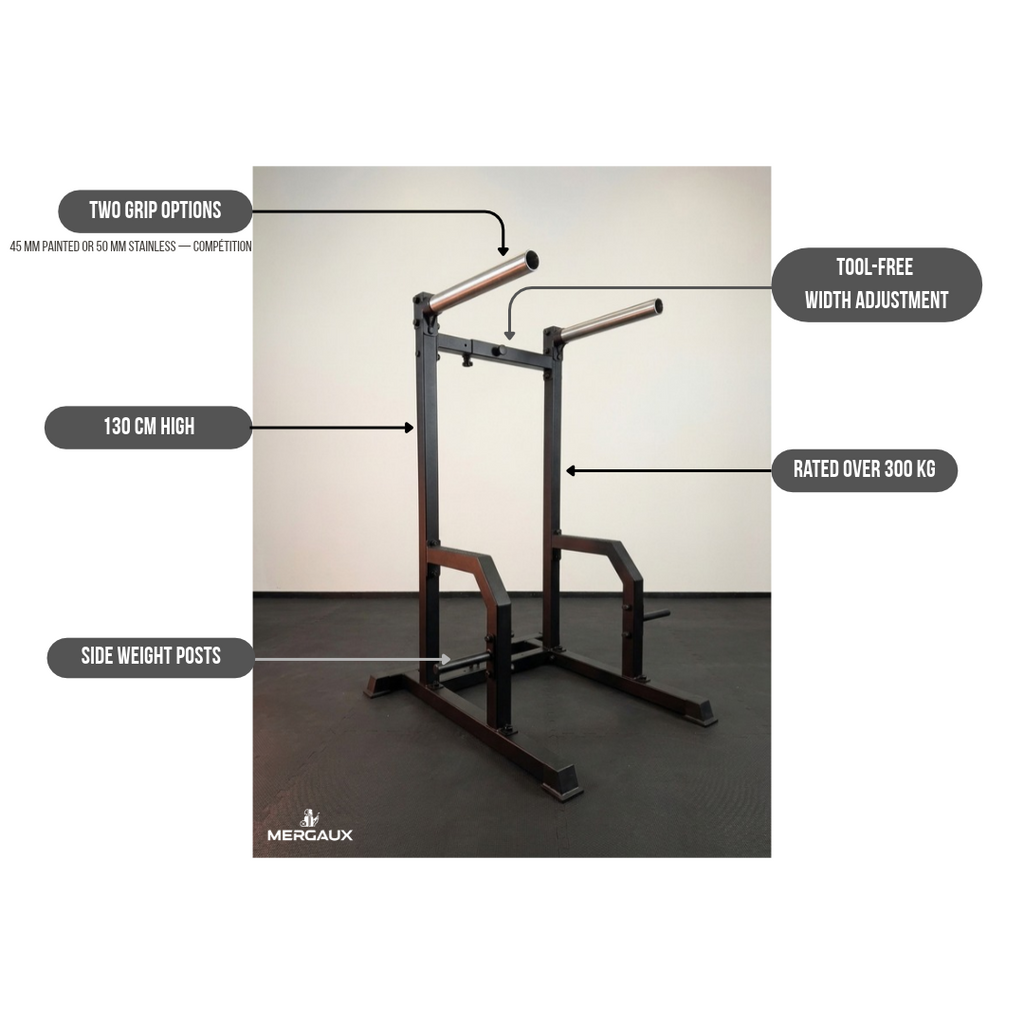 Dips Prime key features: two grip options, tool-free width adjustment, 130 cm high, rated over 300 kg, side weight posts