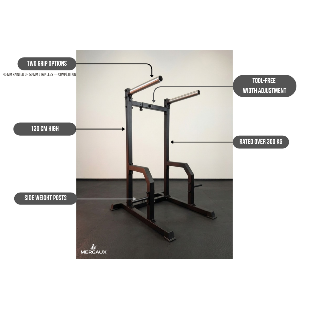 Dips Prime key features: two grip options, tool-free width adjustment, 130 cm high, rated over 300 kg, side weight posts